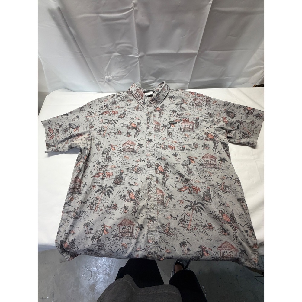 Columbia Mens XLT Tall Grey Tropical Island Parrot Print Button Down Shirt